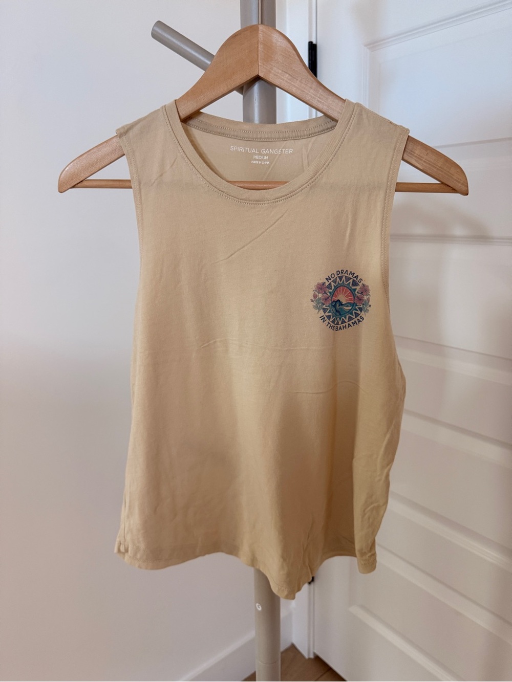 Spiritual Gangster M No Dramas In The Bahamas Muscle Tank Tan Front Back Graphic